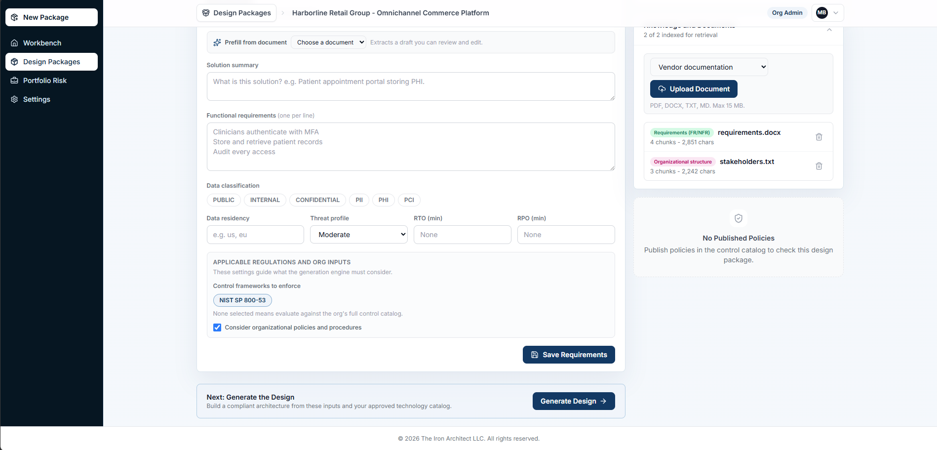 The package workspace where requirements and data classification are captured